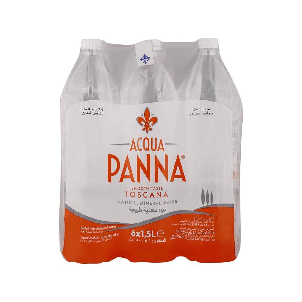 Acqua Panna Natural Mineral Water 6x1.5ltr – premium Italian mineral water in convenient 1.5-liter bottles, perfect for daily hydration.