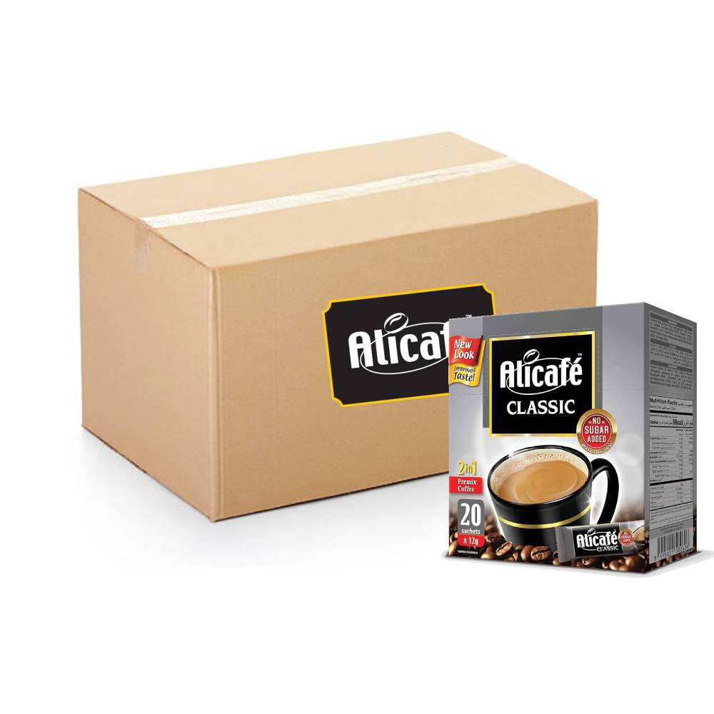Alicafé Classic 2-in-1 Instant Coffee Sugar Free - 20x20x12g pack with smooth, sugar-free instant coffee sachets for a quick and light coffee experience.