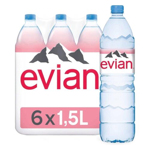 Evian Natural Mineral Water - 6x1.5ltr – refreshing mineral water from the French Alps in large 1.5-liter bottles, perfect for family hydration.
