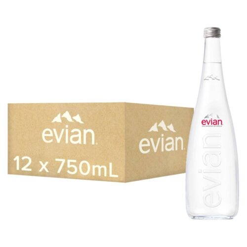 Evian Natural Mineral Water Glass - 12x750ml – premium mineral water from the French Alps in large elegant glass bottles, perfect for sophisticated hydration.