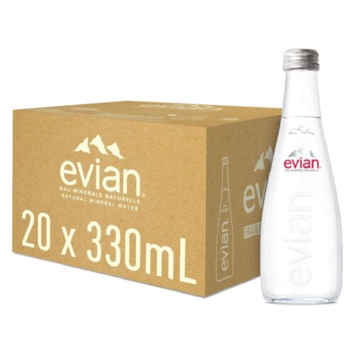 Evian Natural Mineral Water Glass - 20x330ml – premium mineral water from the French Alps in elegant glass bottles, perfect for refined hydration.