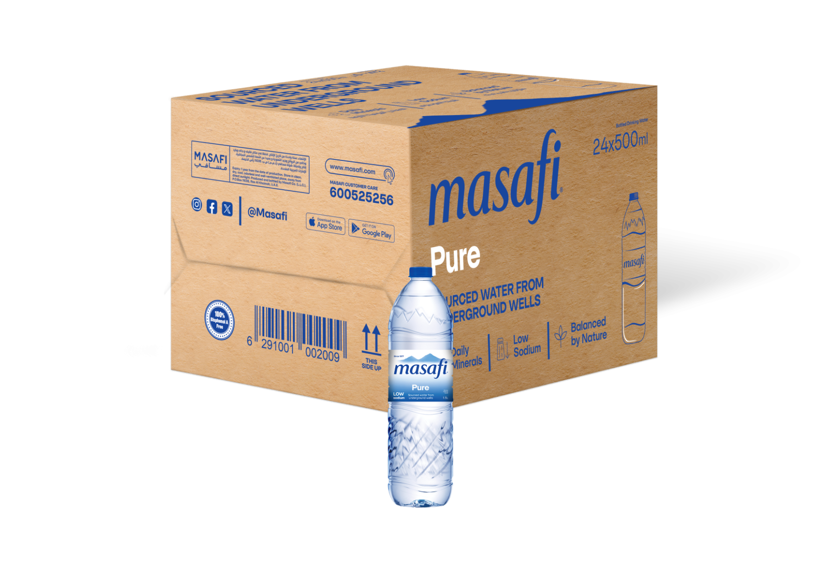 Masafi Bottled Drinking Water - 24x500ml – clean, refreshing bottled water in 500ml size, ideal for daily hydration at home or on the go.