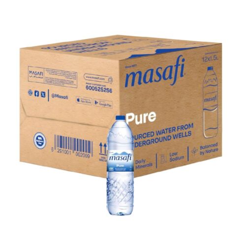 Masafi Bottled Drinking Water - 12x1.5ltr – pure and refreshing water in large 1.5-liter bottles, ideal for family and daily hydration needs.