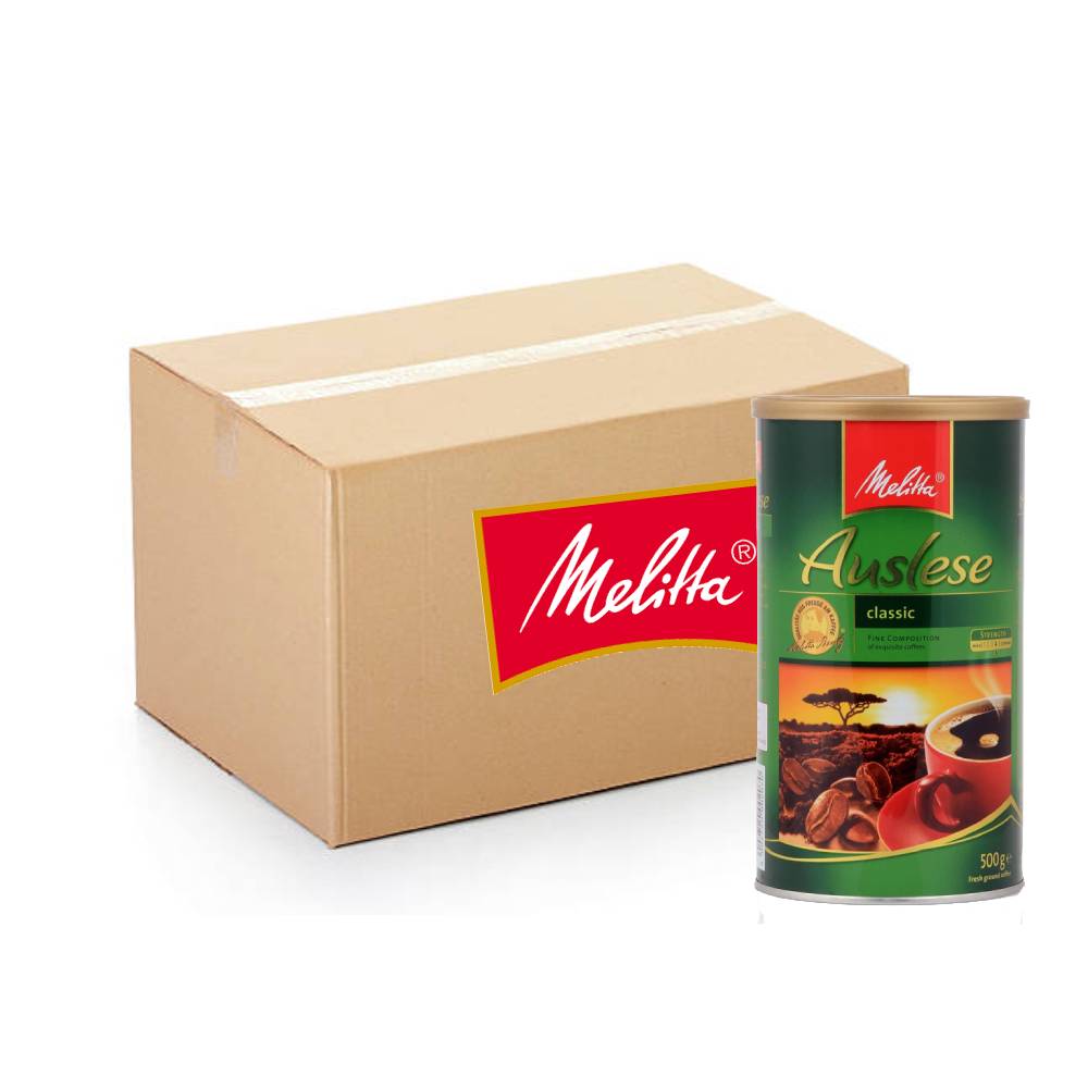 Melitta Auslese Classic Fresh Ground Coffee Tin - 12x500g pack of rich and flavorful coffee in convenient tins for fresh brewing.