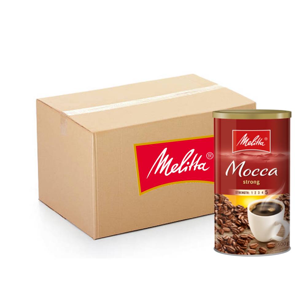 Melitta Mocca Strong Ground Coffee Tin 12x500g – bold and aromatic ground coffee in convenient 500g tins, perfect for a rich coffee experience.