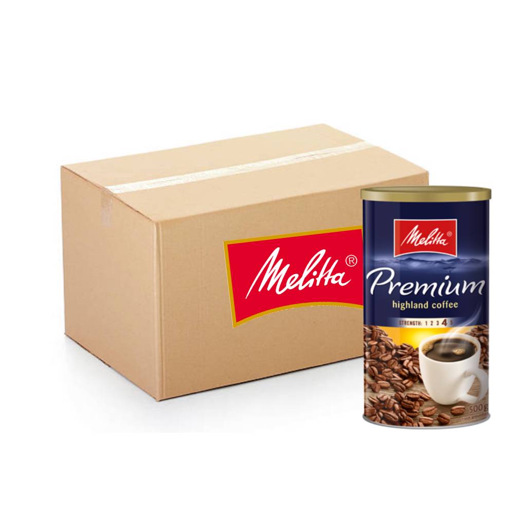 Melitta Premium Highland Coffee Tin -12x500g featuring rich, aromatic highland ground coffee in convenient 500g tins for premium brewing.