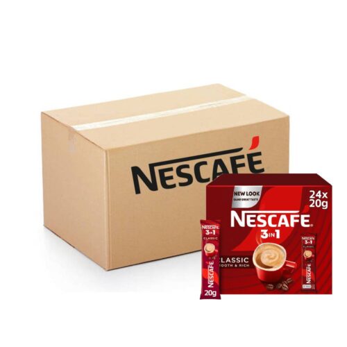 Nescafe 3-in-1 Classic Instant Coffee - 12x24x20g pack showing individual sachets of smooth, rich instant coffee with creamer and sugar.