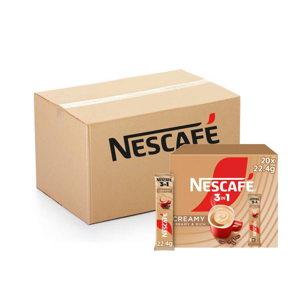 Nescafe 3-in-1 Creamy Latte instant coffee sachets – 12 packs of 20x22.4g for smooth and convenient coffee.
