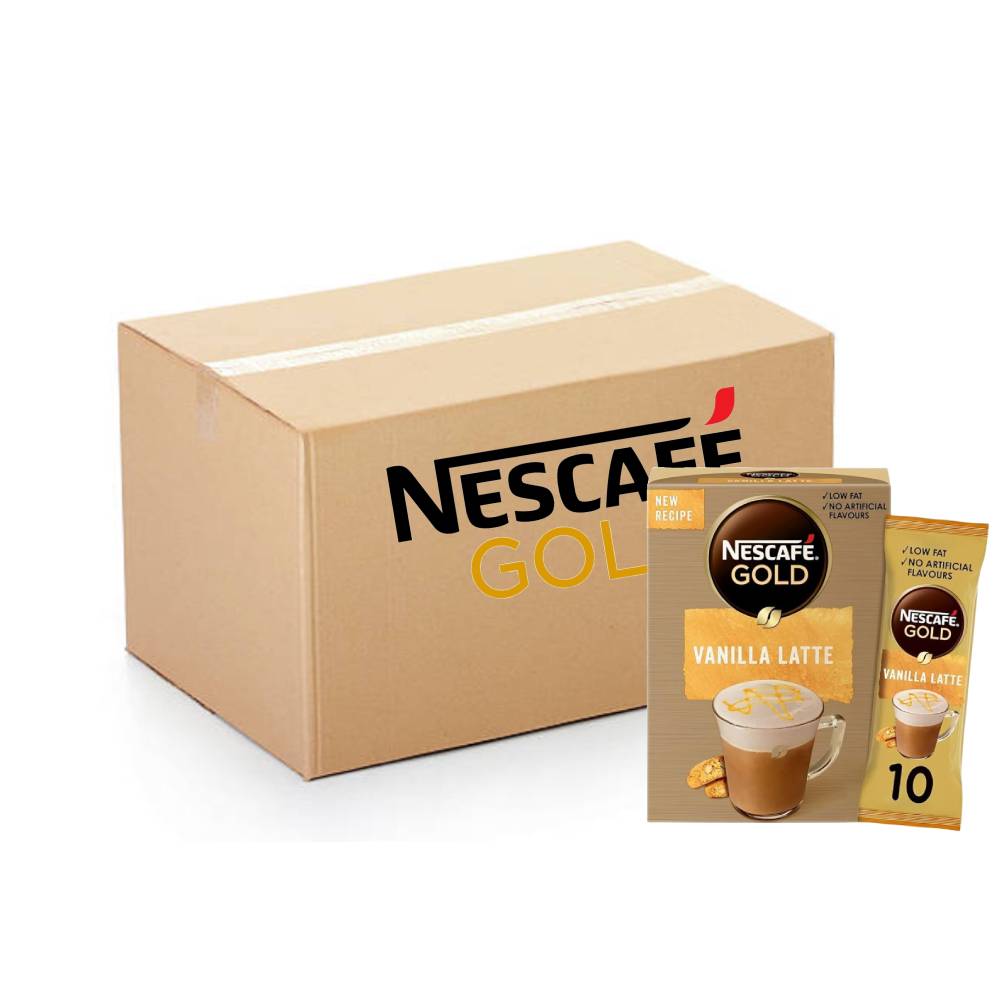 Nescafe Gold Vanilla Latte - 10x10x18.5g instant coffee sachets with smooth vanilla flavor for a rich and creamy coffee experience.