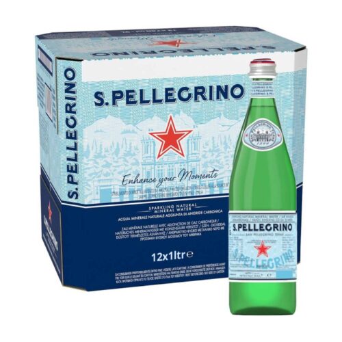 San Pellegrino Natural Sparkling Water Glass - 12x1Ltr – premium Italian sparkling water in elegant 1-liter glass bottles, perfect for sophisticated refreshment.