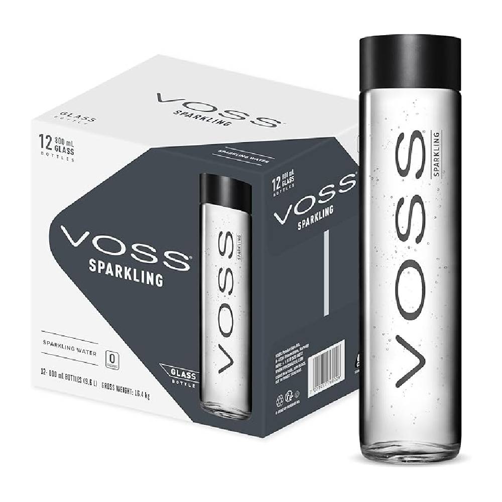 Voss Sparkling Water Glass bottles 12x800ml, premium sparkling mineral water in elegant glass packaging for refreshing hydration.