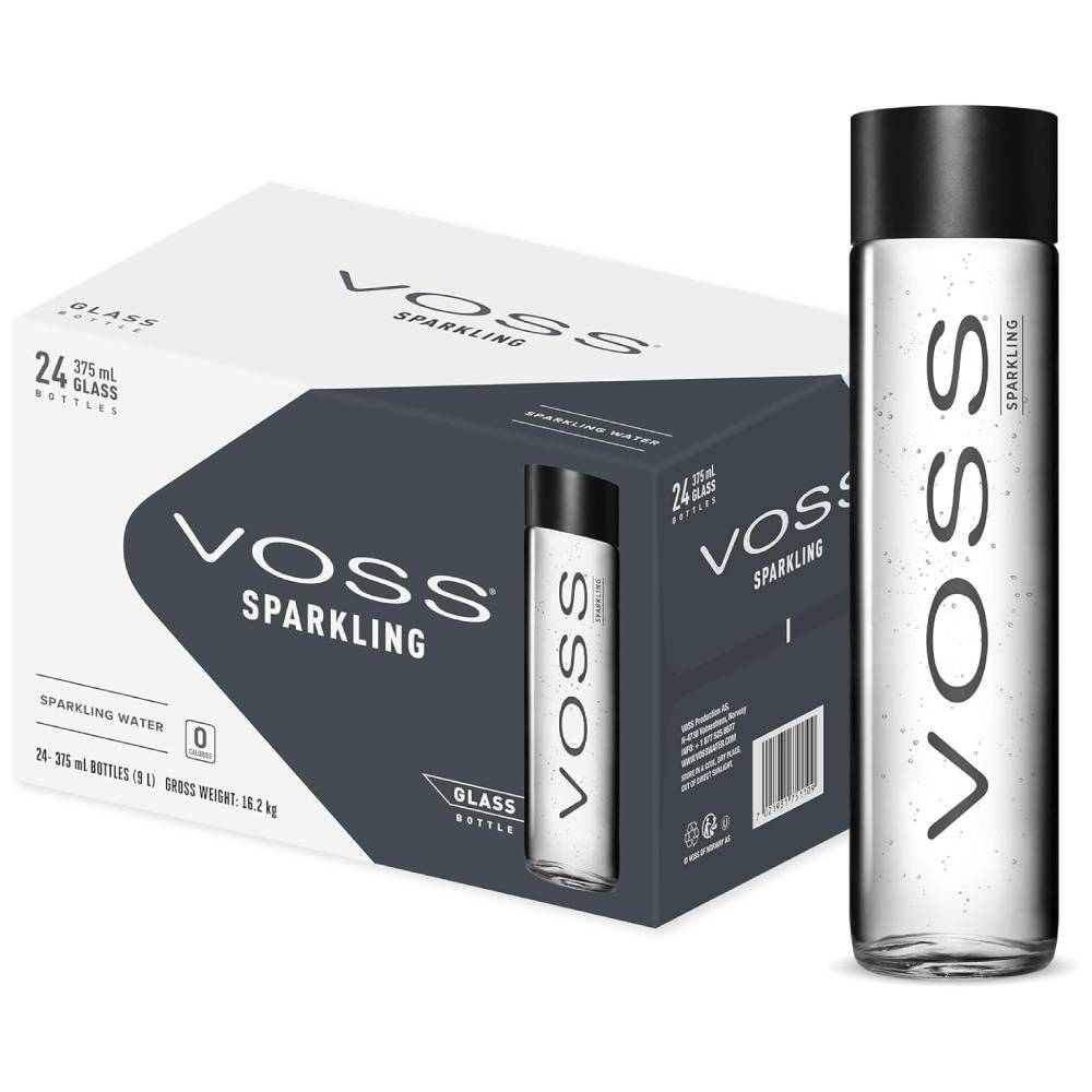 Voss Sparkling Water Glass 24x375ml bottles – premium sparkling mineral water in glass packaging