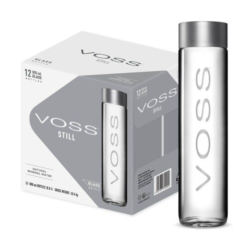 Voss Still Water Glass - 12x800ml pack of premium still water in elegant glass bottles, ideal for luxury hydration.