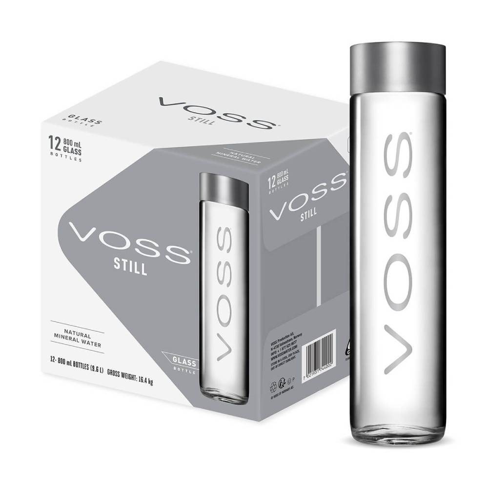 Voss Still Water Glass - 12x800ml pack of premium still water in elegant glass bottles, ideal for luxury hydration.