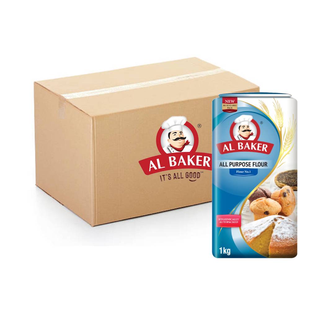 Al Baker All Purpose Flour No.1 – 20x1kg packs, premium quality flour for baking and cooking.