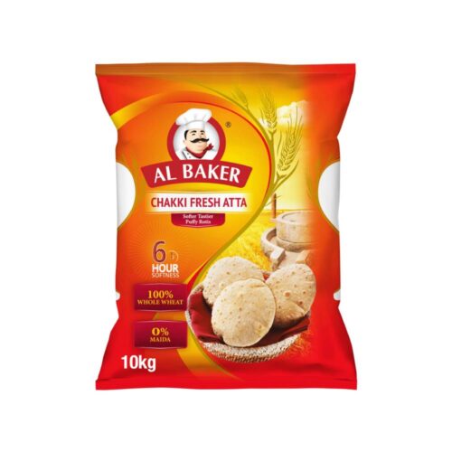 Al Baker Chakki Fresh Atta 10kg pack – fresh whole wheat flour for healthy cooking and baking.