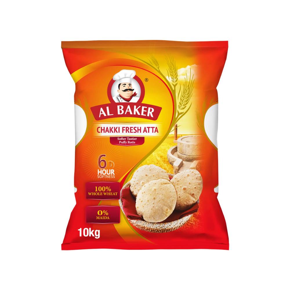 Al Baker Chakki Fresh Atta 10kg pack – fresh whole wheat flour for healthy cooking and baking.