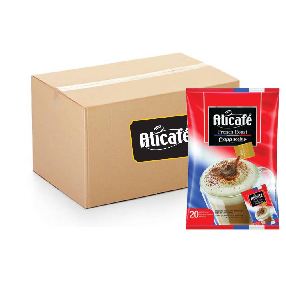 Alicafé French Roast Cappuccino with Choco Powder - 12x20x25g, rich and creamy instant cappuccino mix with chocolate powder, convenient 12 packs of 20 sachets.