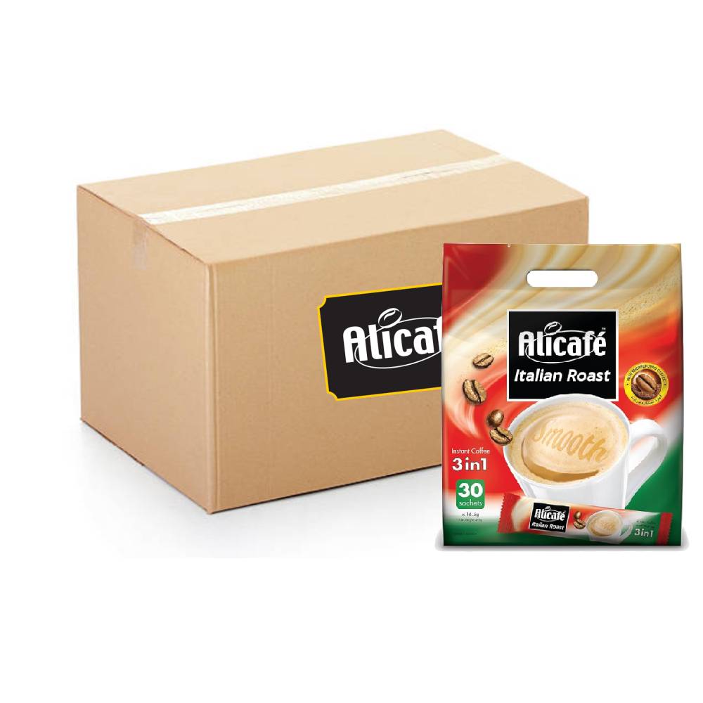 Alicafé Italian Roast 3-in-1 Coffee Pouch – 16x30x16.5g pack of rich and bold instant coffee sachets for convenient Italian-style coffee anytime