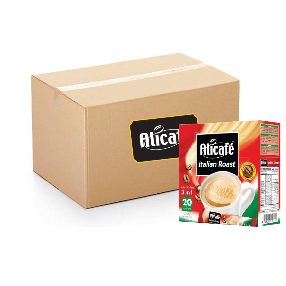Alicafé Italian Roast 3-in-1 Coffee - 24x20x16.5g pack of bold, rich instant coffee sachets, perfect for a quick Italian-style coffee experience.