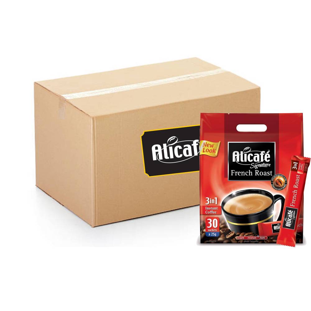 Alicafé Signature French Roast 3-in-1 Coffee sachets – 12 packs of 30 sachets (22g each), rich and convenient instant coffee blend.