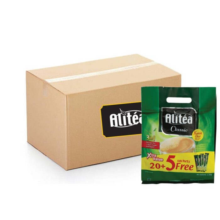 Alitéa Classic Instant Karak Chai Tea 20+5x20g pack featuring rich, spiced milk tea blend in convenient sachets for traditional Karak flavor.