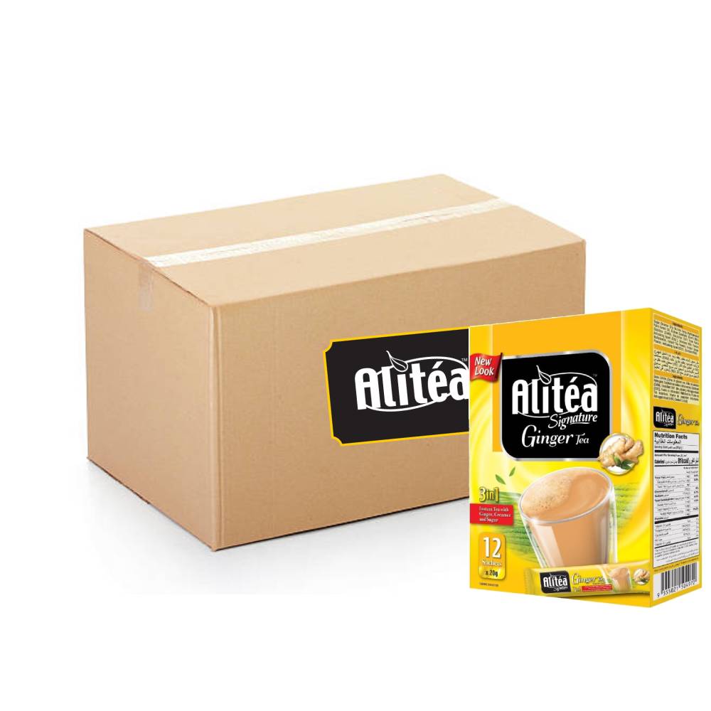 Alitéa Signature 3-in-1 Ginger Tea – 20x12x20g pack featuring instant ginger tea with creamer and sugar for a quick and soothing beverage experience.