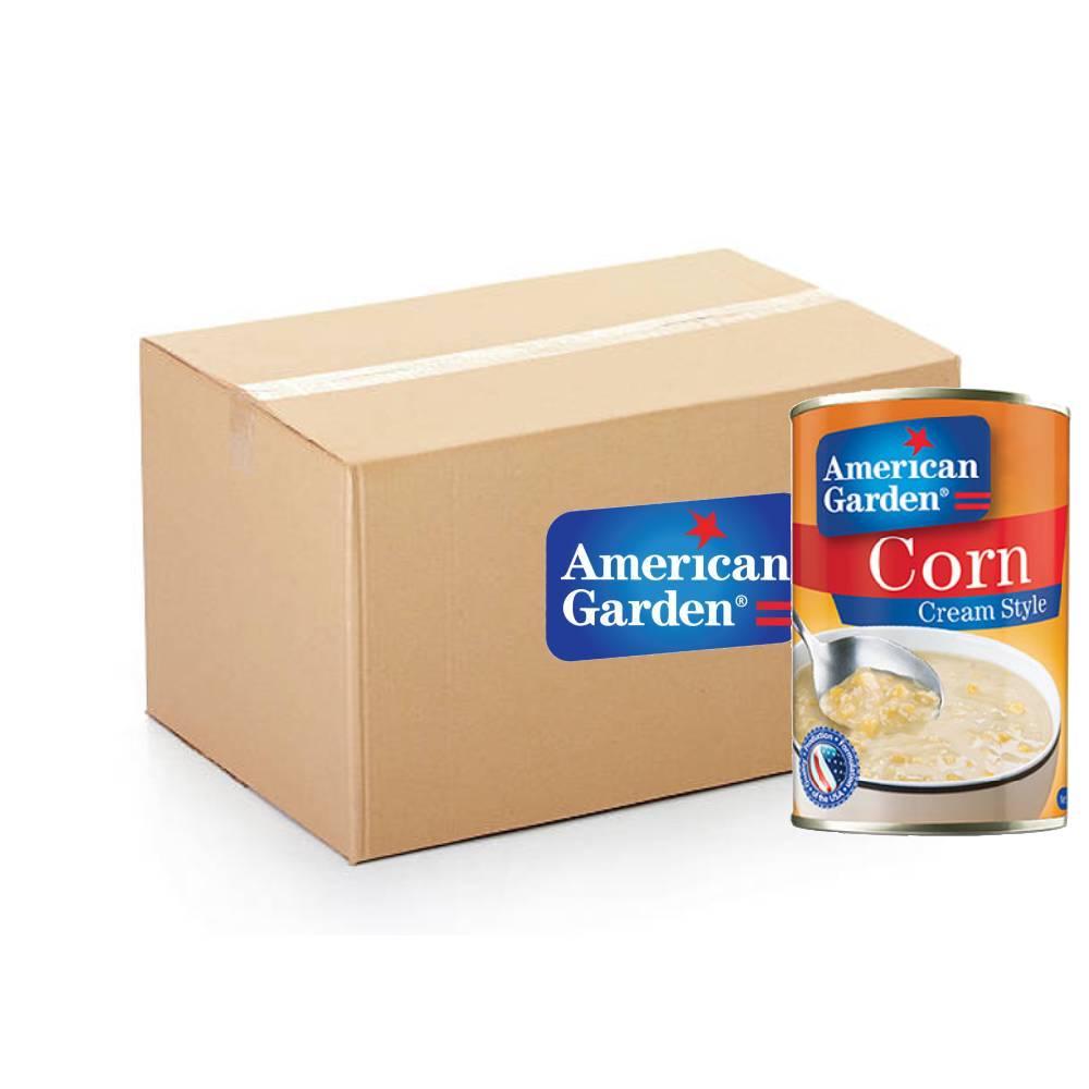 American Garden Sweet Corn Cream Style – 24x425g, creamy sweet corn perfect for soups, sauces, and recipes.