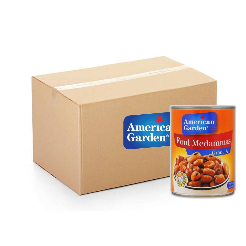 Cans of American Garden Foul Medammes – 24x400g, packed with seasoned fava beans for authentic Middle Eastern flavor.