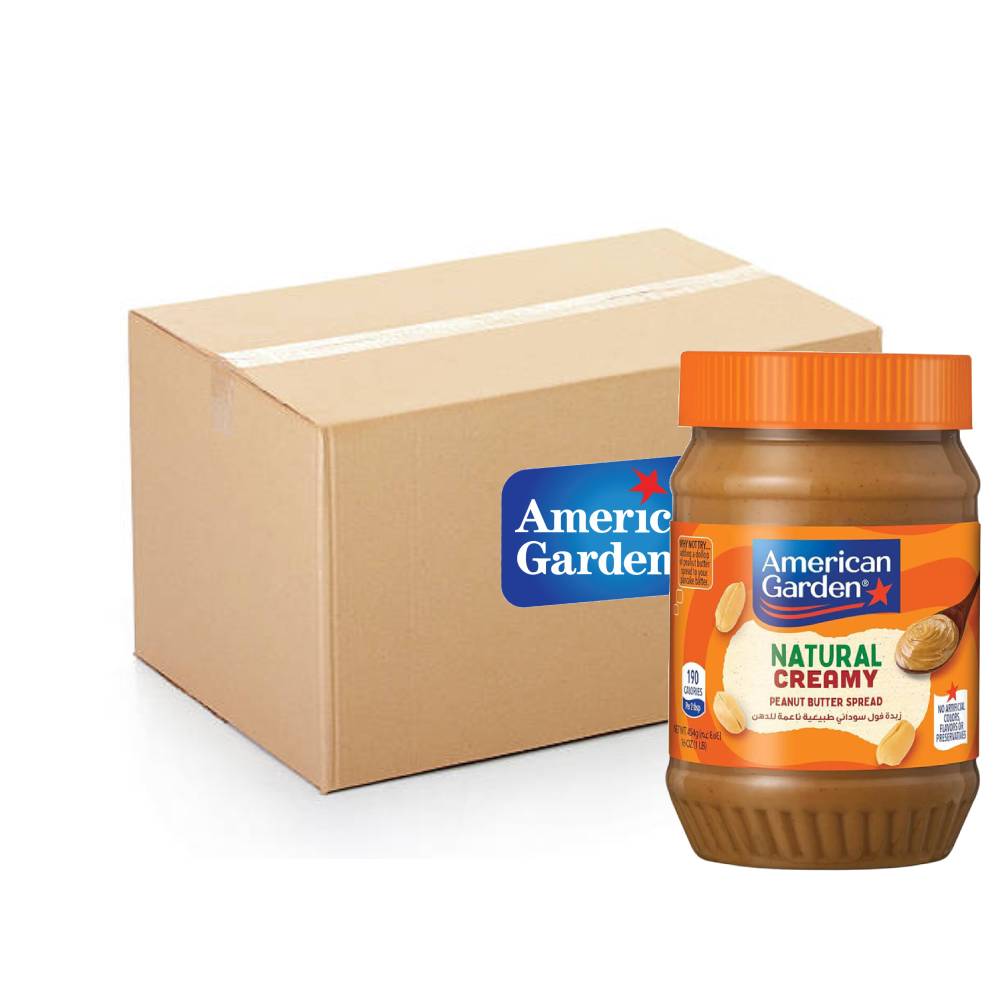 American Garden Peanut Butter Creamy 12-pack, each jar 454g, smooth and creamy peanut butter for versatile use.