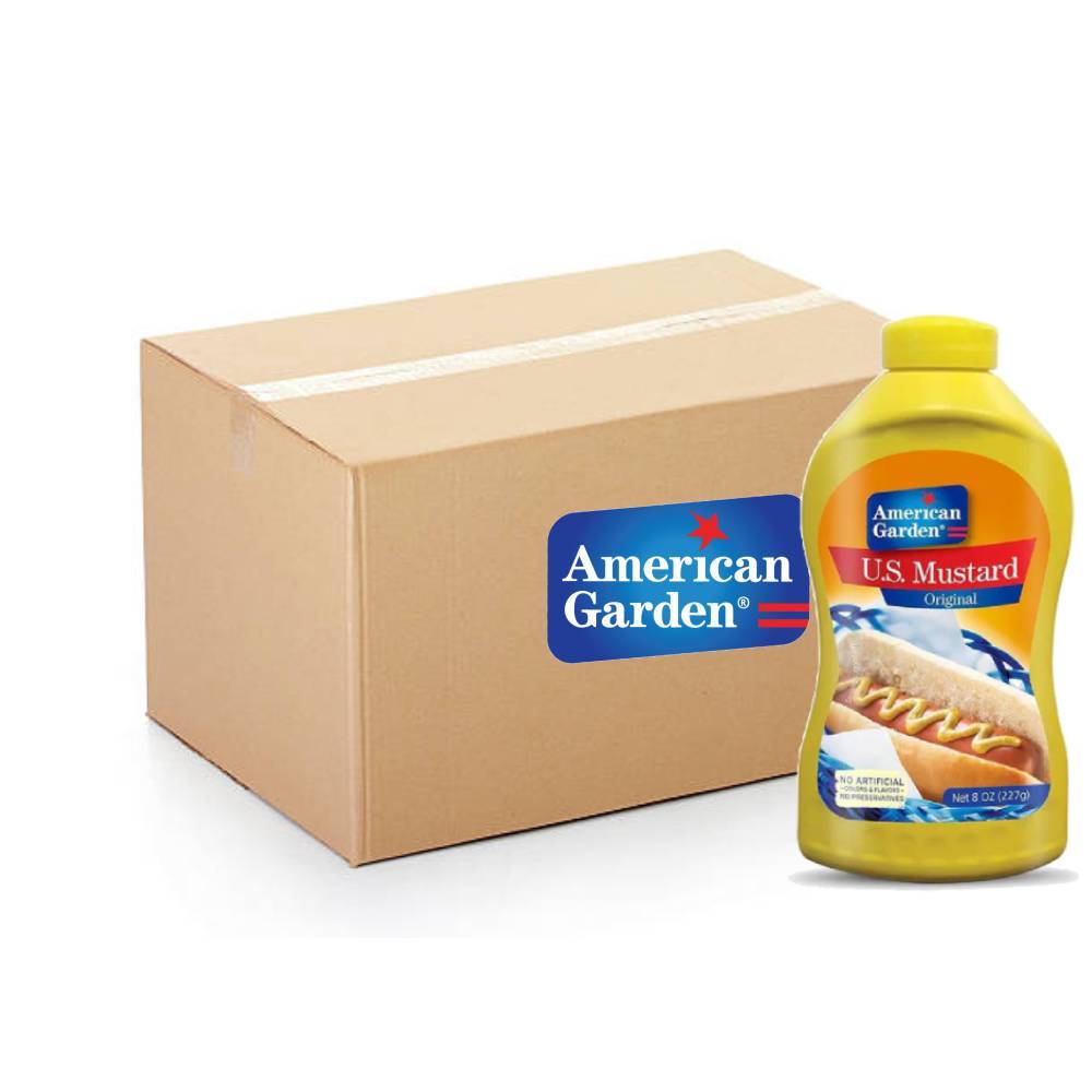American Garden Yellow Mustard Squeeze – 12x8oz bottles of creamy yellow mustard in convenient squeeze packs, perfect for sandwiches and snacks