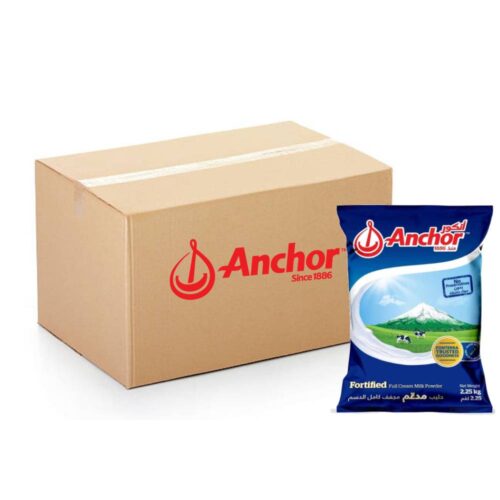 Anchor Fortified Full Cream Milk Powder Pouch - 6x2.25kg packed with essential nutrients, offering a creamy, rich taste ideal for families and bulk use.