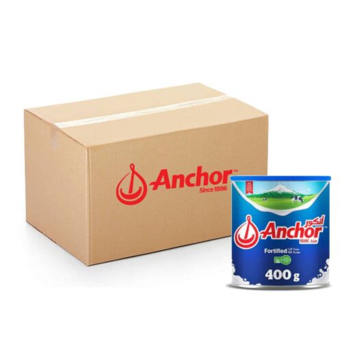 Anchor Fortified Full Cream Milk Powder Tin - 12x400g pack of rich and nutritious milk powder ideal for daily use and long-term storage.