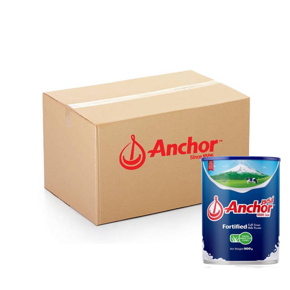 Anchor Fortified Full Cream Milk Powder Tin - 12x900g packed with essential vitamins, perfect for rich and nutritious dairy use at home or in bulk supply.