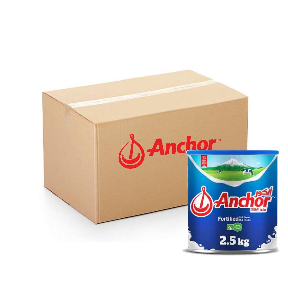 Anchor Fortified Full Cream Milk Powder Tin - 6x2.5kg pack for rich and nutritious milk powder.