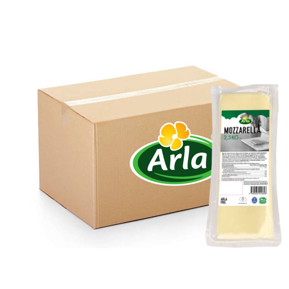 Arla Mozzarella Cheese Block - 8x2.3kg ideal for pizza, pasta, and bulk food preparation with rich, stretchy texture