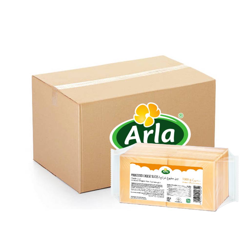 Arla Processed Cheddar Sliced Cheese – 8x52x1kg pack featuring rich, creamy cheddar slices ideal for sandwiches, burgers, and foodservice use.