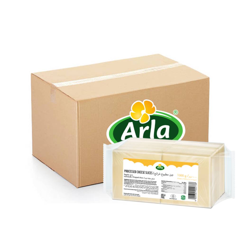 Arla Processed Regular Sliced Cheese – 8x52x1kg pack of creamy cheese slices ideal for sandwiches, burgers, and foodservice use.