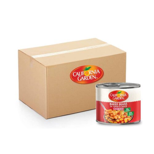California Garden Baked Beans in Tomato Sauce – 12x220g, tasty baked beans packed in rich tomato sauce, perfect for quick meals and snacks.