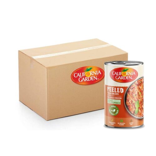 California Garden Peeled Fava Beans with Salsa – 24x450g canned beans with zesty salsa, perfect for Middle Eastern meals and quick vegetarian recipes.