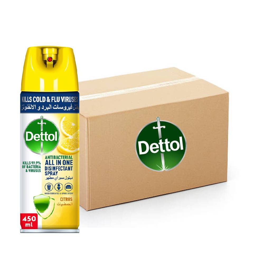Dettol disinfectant spray, citrus, antibacterial, all-in-one, surface cleaner, 12x450ml