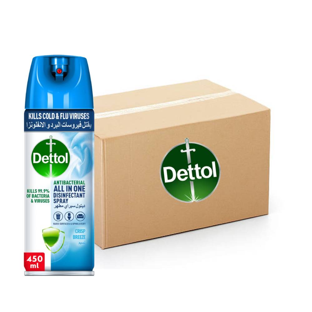 Dettol disinfectant spray, crisp scent, antibacterial, all-in-one, surface cleaner, 12x450ml