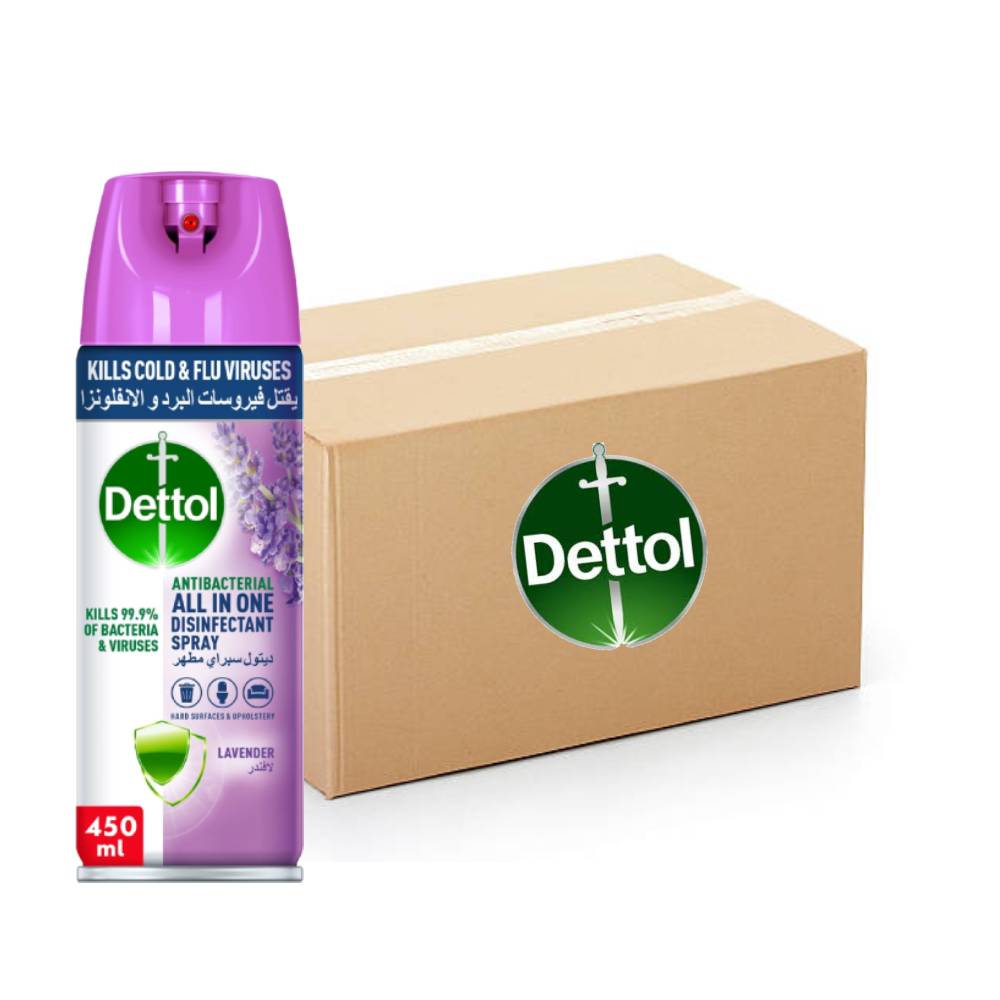 Dettol disinfectant spray, lavender, antibacterial, all-in-one, surface cleaner, 12x450ml