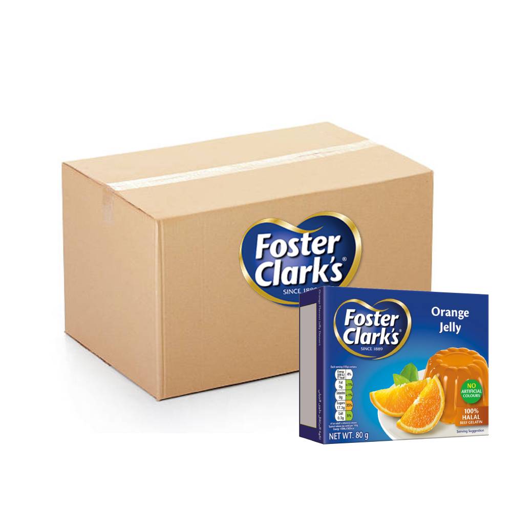 Foster Clark’s Jelly Dessert Orange – 144x80g packs of sweet and tangy orange-flavored jelly, ideal for bulk dessert making.