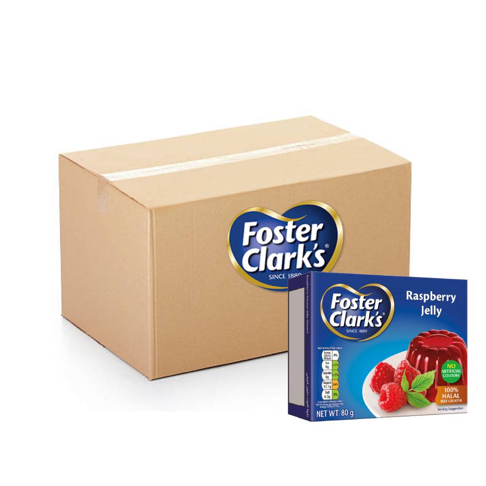 Foster Clark’s Jelly Dessert Raspberry – 144x85g packs, delicious raspberry-flavored jelly dessert in bulk.