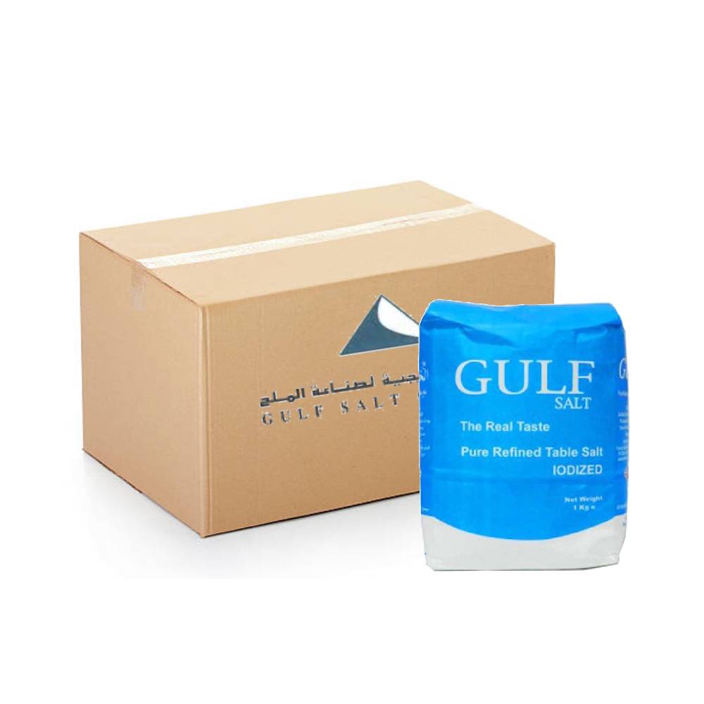 Gulf Salt Pure Refined Iodized Table Salt – 12x1kg packs of fine, pure iodized table salt, ideal for everyday cooking and seasoning