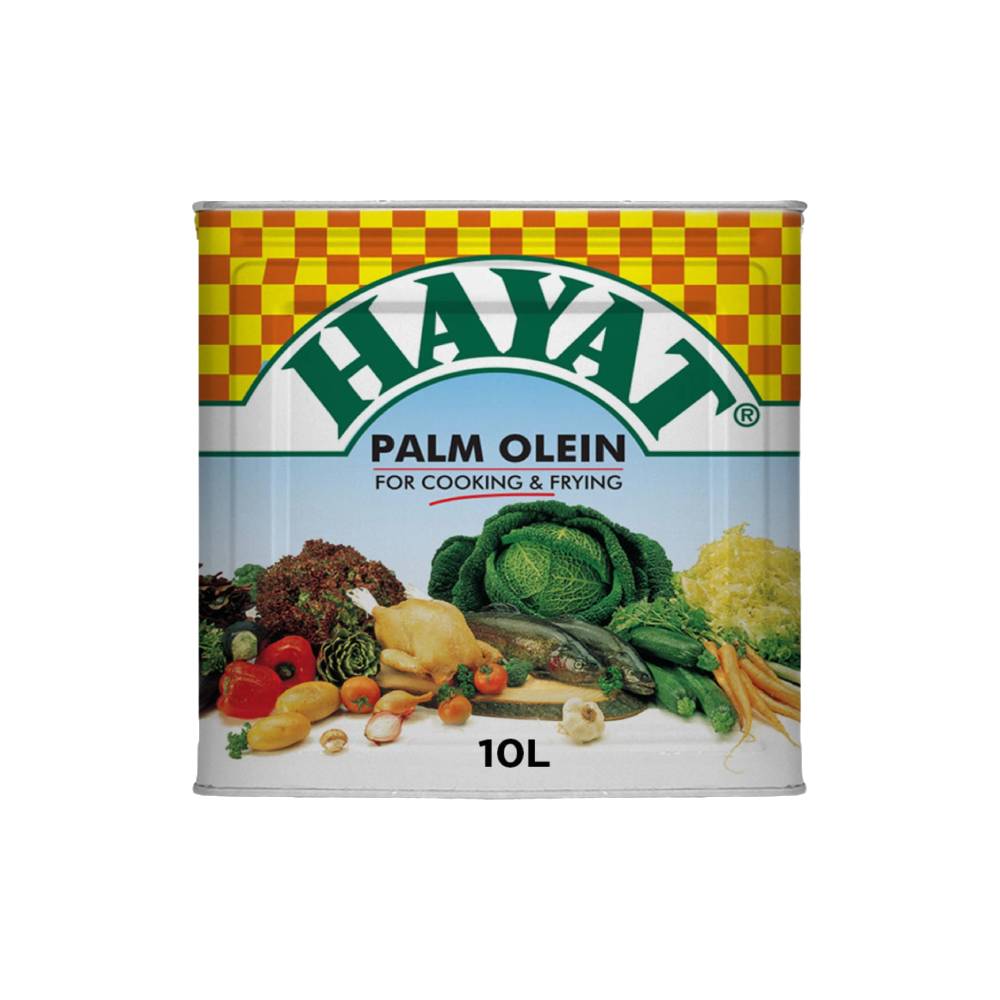 Front view of Hayat Vegetable Oil Tin – 10Ltr, ideal for bulk cooking and frying, rich in essential fats.