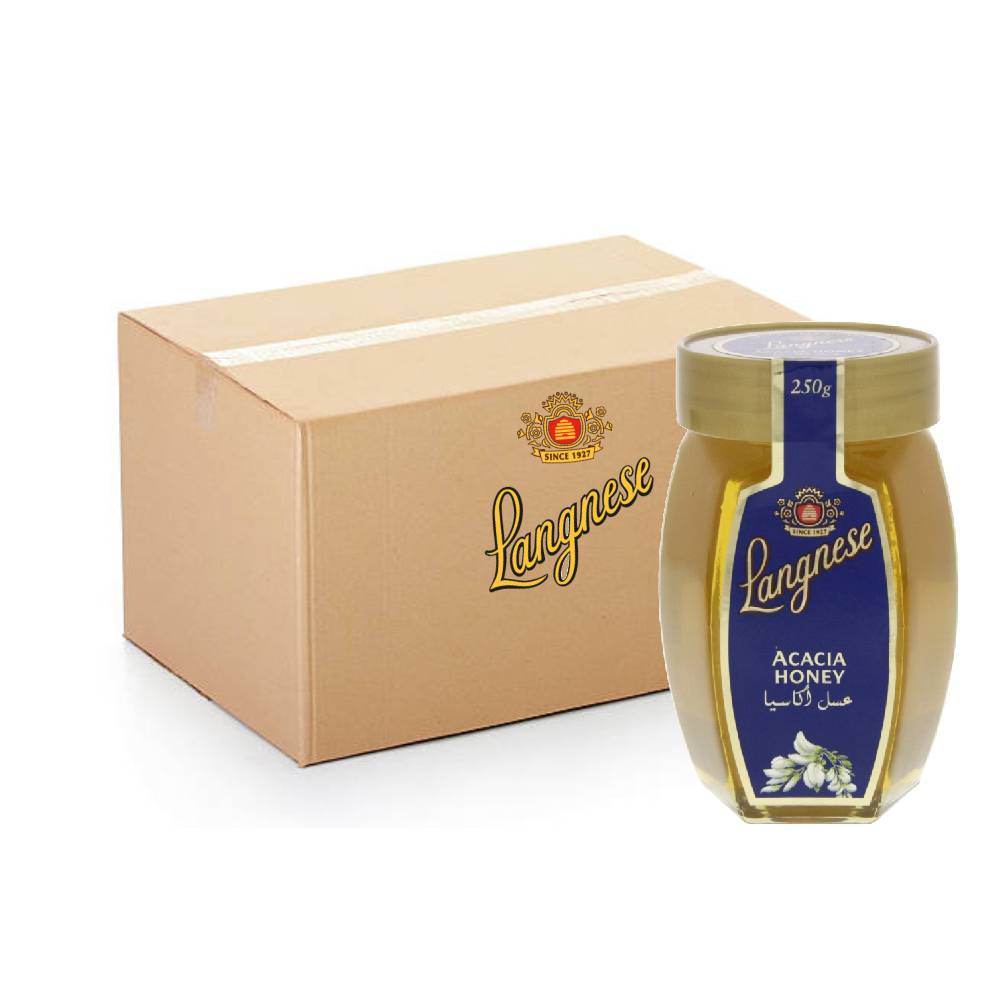 Langnese Acacia Honey Jar - 10x250g pack of premium natural honey in convenient glass jars, perfect for retail or bulk purchase.