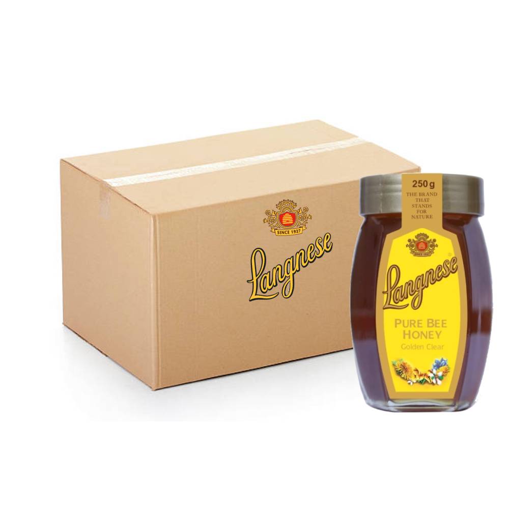 Langnese Pure Bee Honey Jar – 10x250g pack of premium natural honey in convenient glass jars, ideal for daily use or retail display.