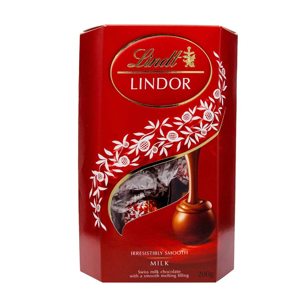 Lindt Lindor Milk Chocolate with Melting Filling – 200g box of smooth, creamy milk chocolate truffles with a rich melting center.